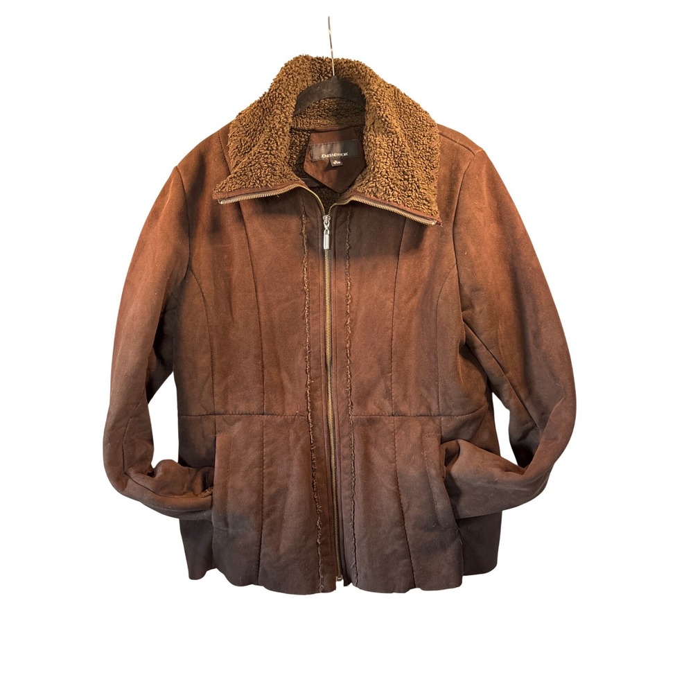 Jones New York Brown Faux Suede Sherpa Lined Full Zip Jacket Womens XL